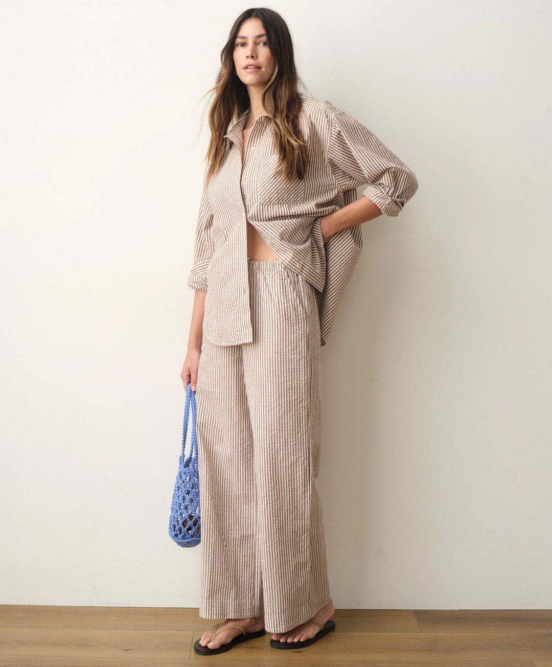 Josie Seersucker Drawstring Pant, Mocha Stripe
