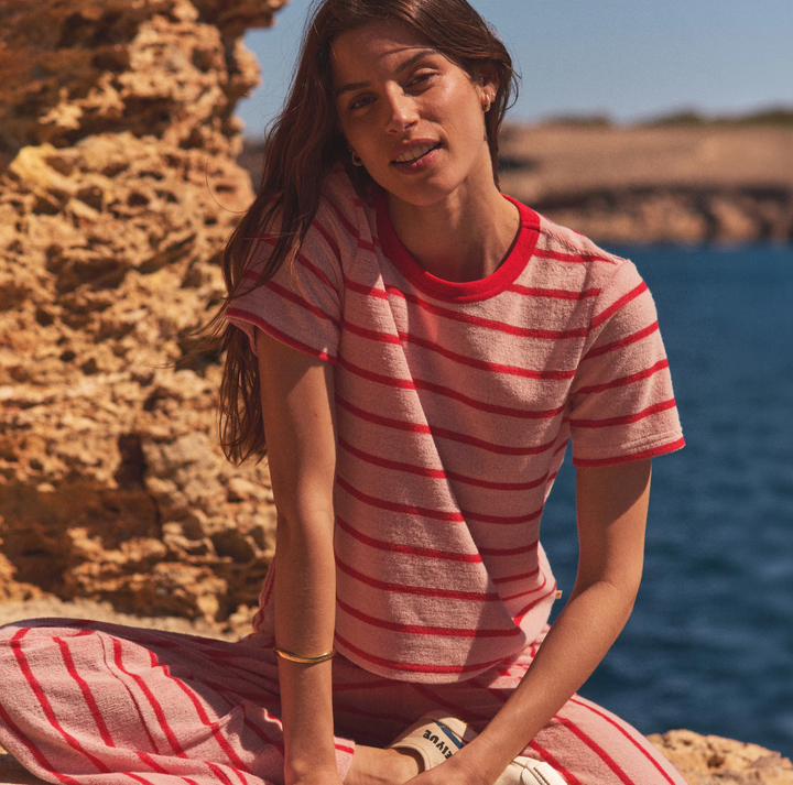 Beach Terry Crewneck, Red &amp; White Stripe