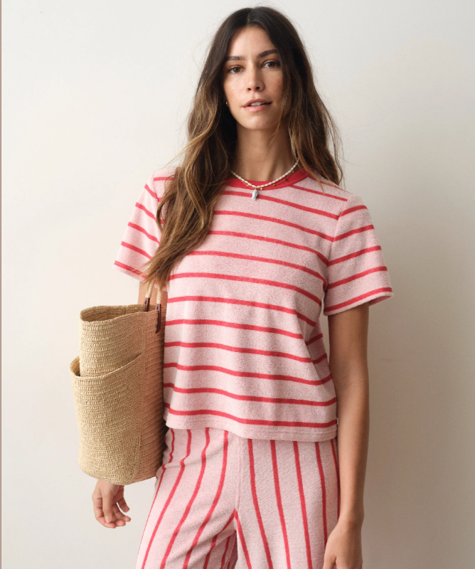 Beach Terry Crewneck, Red &amp; White Stripe