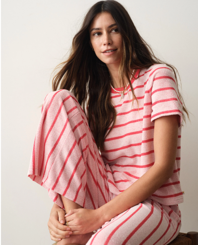 Beach Terry Crewneck, Red &amp; White Stripe