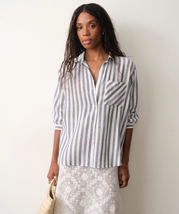 Jane Relaxed Linen Shirt, Navy &amp; White Stripe