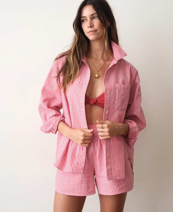 Gracey Oversized Seersucker Shirt, Pink Stripe