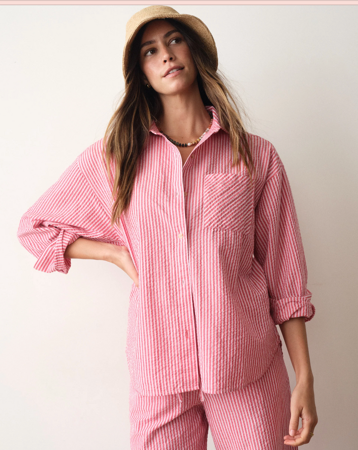Gracey Oversized Seersucker Shirt, Pink Stripe