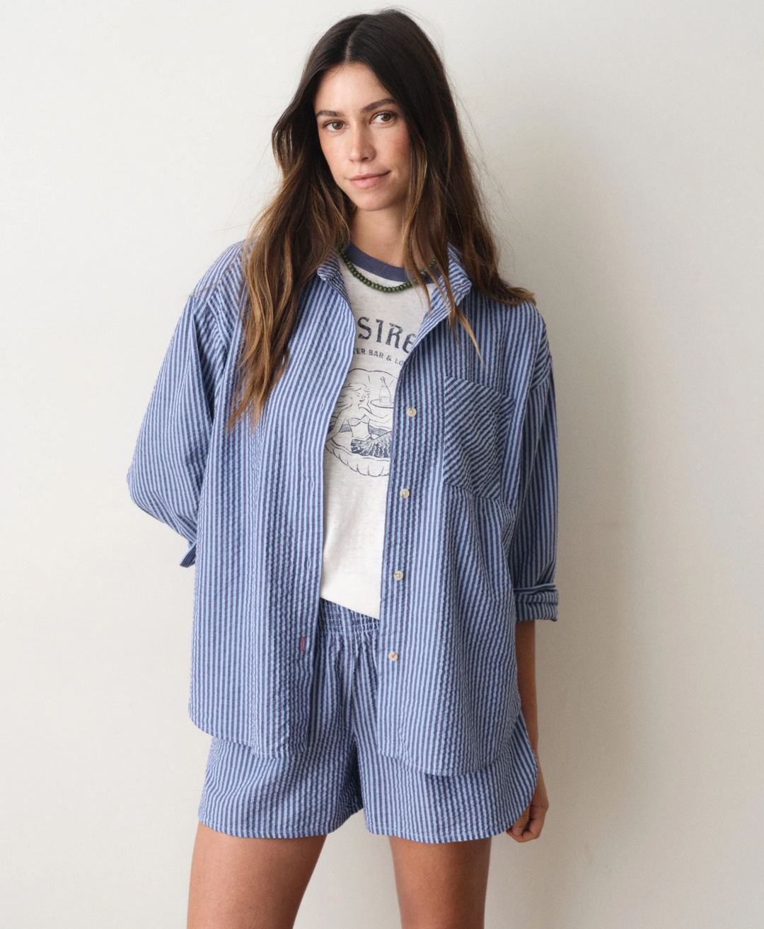 Gracey Oversized Seersucker Shirt, Blue Stripe