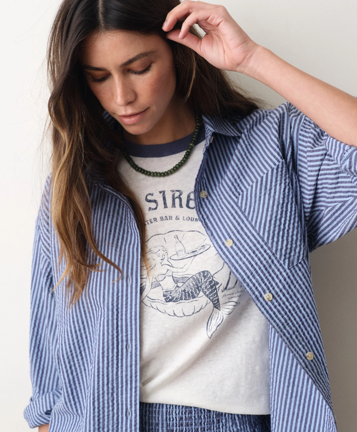 Gracey Oversized Seersucker Shirt, Blue Stripe