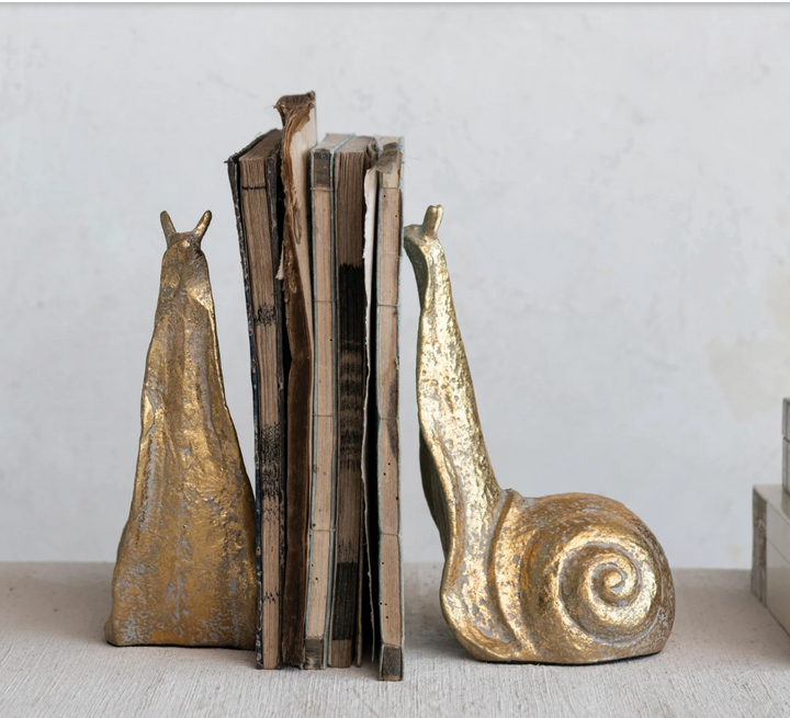 Cast Iron Snail Bookends, Distressed Gold Finish