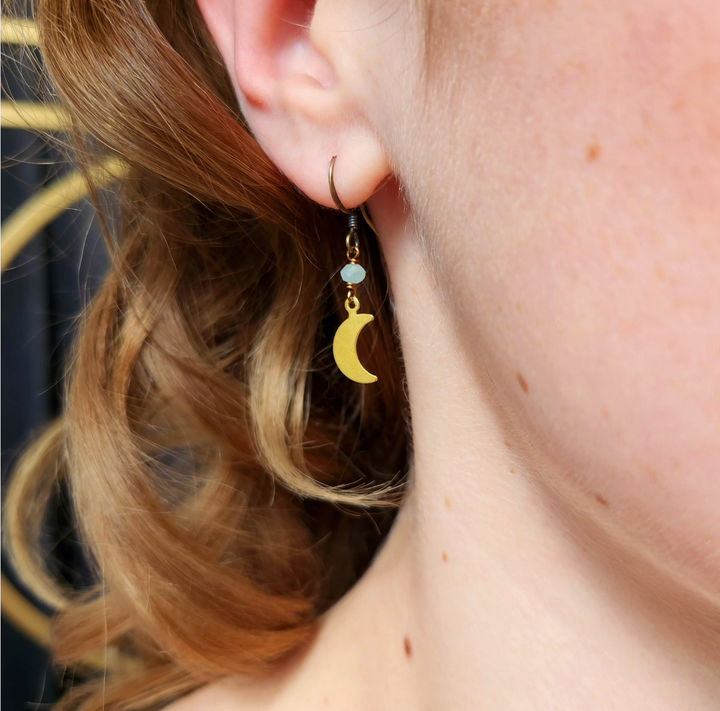 Dainty Seafoam Chalcedony Crescent Moon Earrings