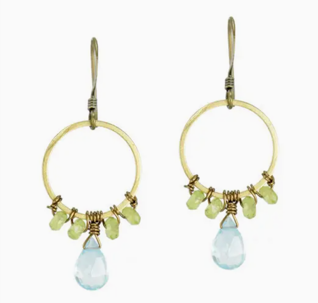 Topaz and Peridot Beaded Wrapped Hoop Earrings