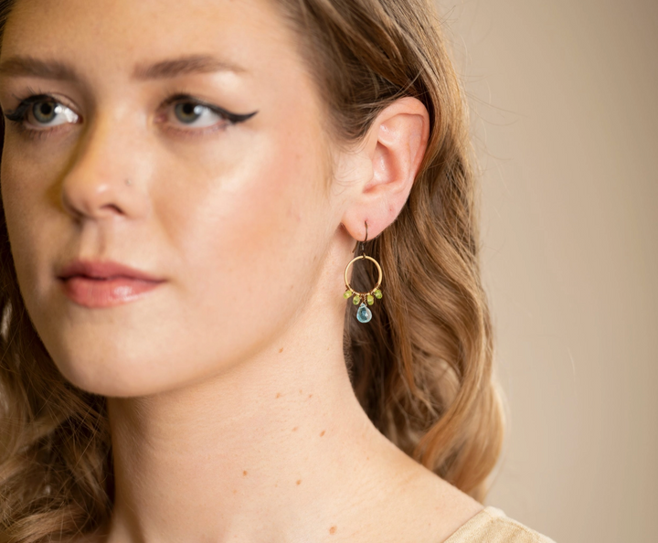Topaz and Peridot Beaded Wrapped Hoop Earrings