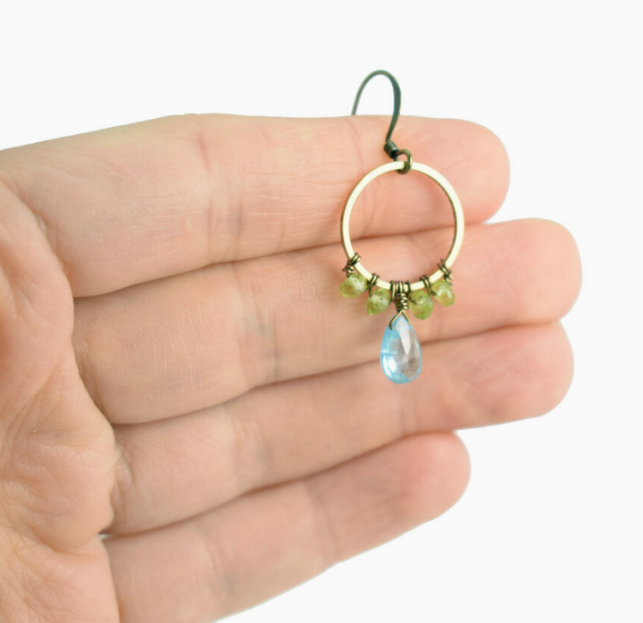 Topaz and Peridot Beaded Wrapped Hoop Earrings