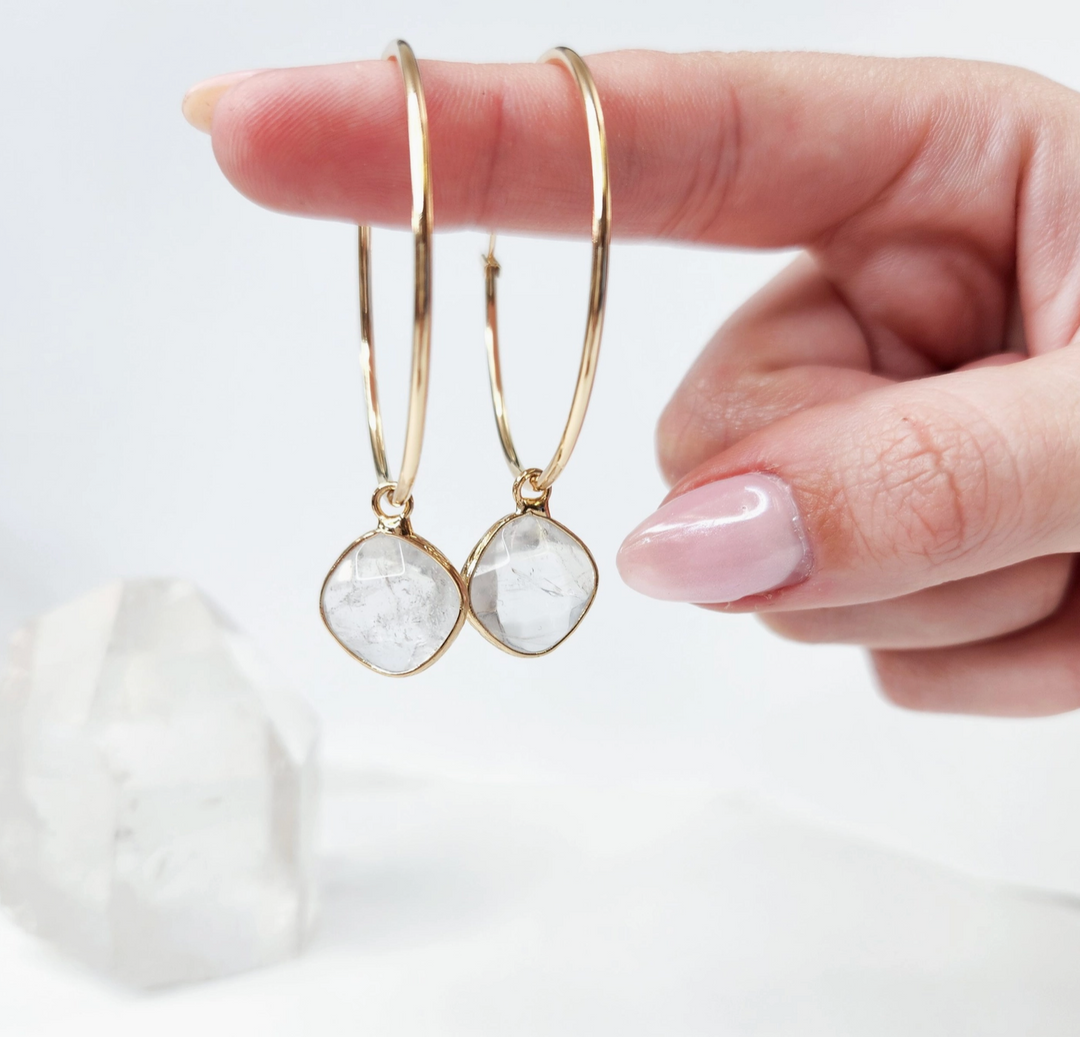 Harper Luxe Gold Hoops with Quartz Drops