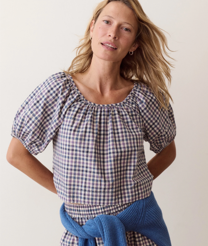 Gia Poplin Blouse, Blue &amp; Lavender Plaid