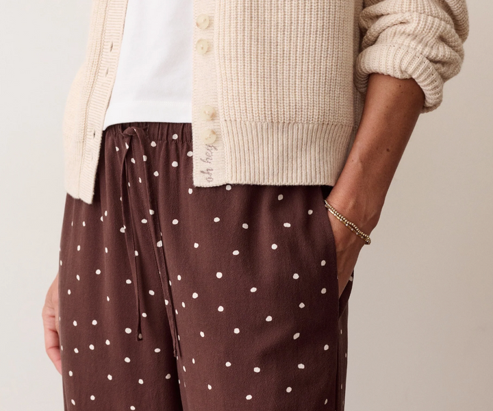 Lucy Drawstring Pant in Chocolate Polka Dot