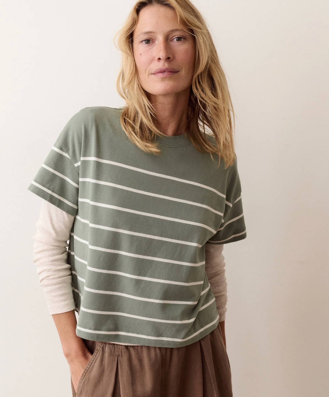 Dream Jersey Crew Tee, Sage &amp; White Stripe