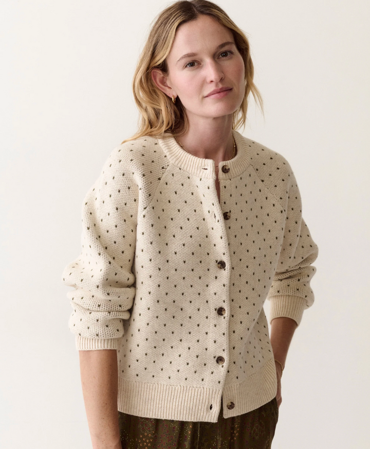 Iris Crewneck Cardigan in Oatmeal &amp; Olive