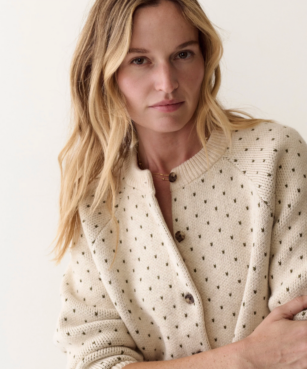 Iris Crewneck Cardigan in Oatmeal &amp; Olive