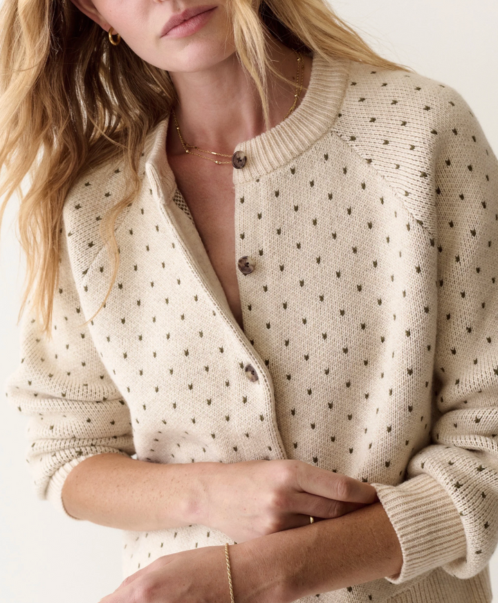 Iris Crewneck Cardigan in Oatmeal &amp; Olive