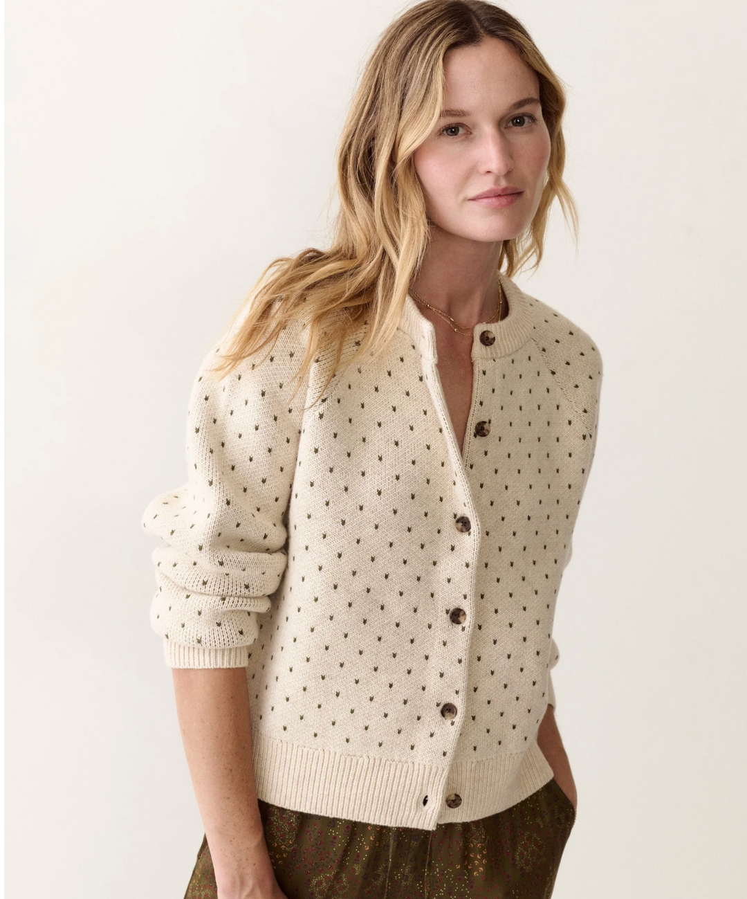 Iris Crewneck Cardigan in Oatmeal &amp; Olive