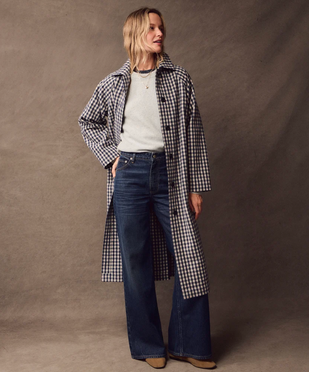 Hayes Houndstooth Trench Coat in Navy Gingham
