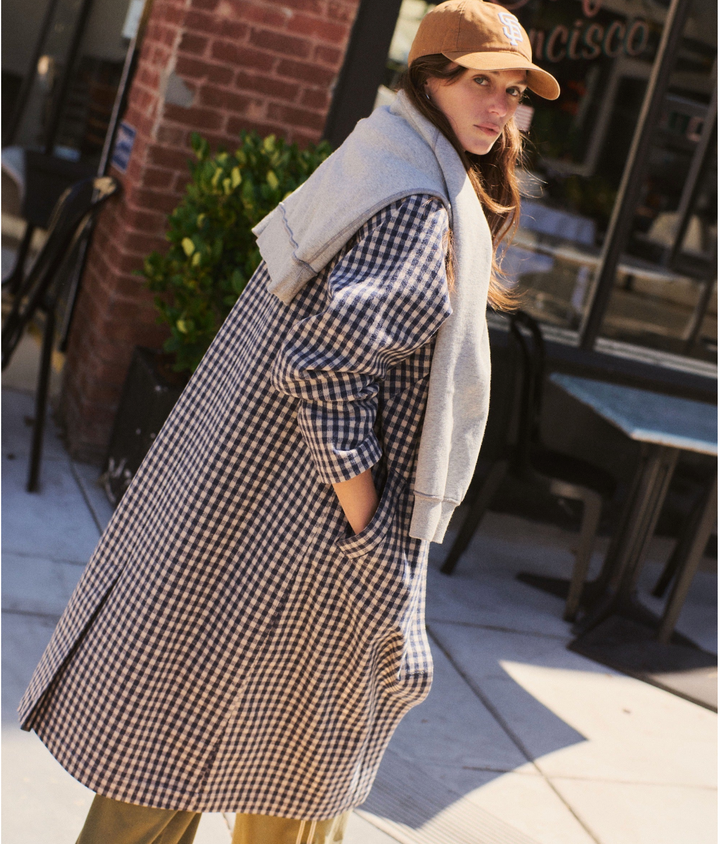 Hayes Houndstooth Trench Coat in Navy Gingham