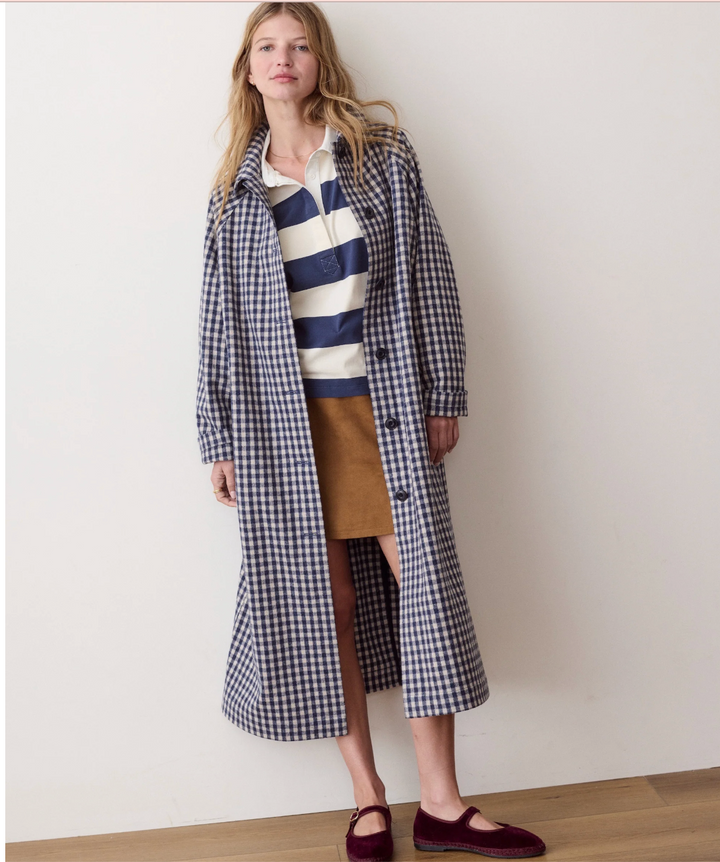 Hayes Houndstooth Trench Coat in Navy Gingham