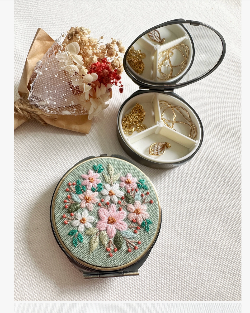 Full Floral Embroidered Round Jewelry Box with Mirror