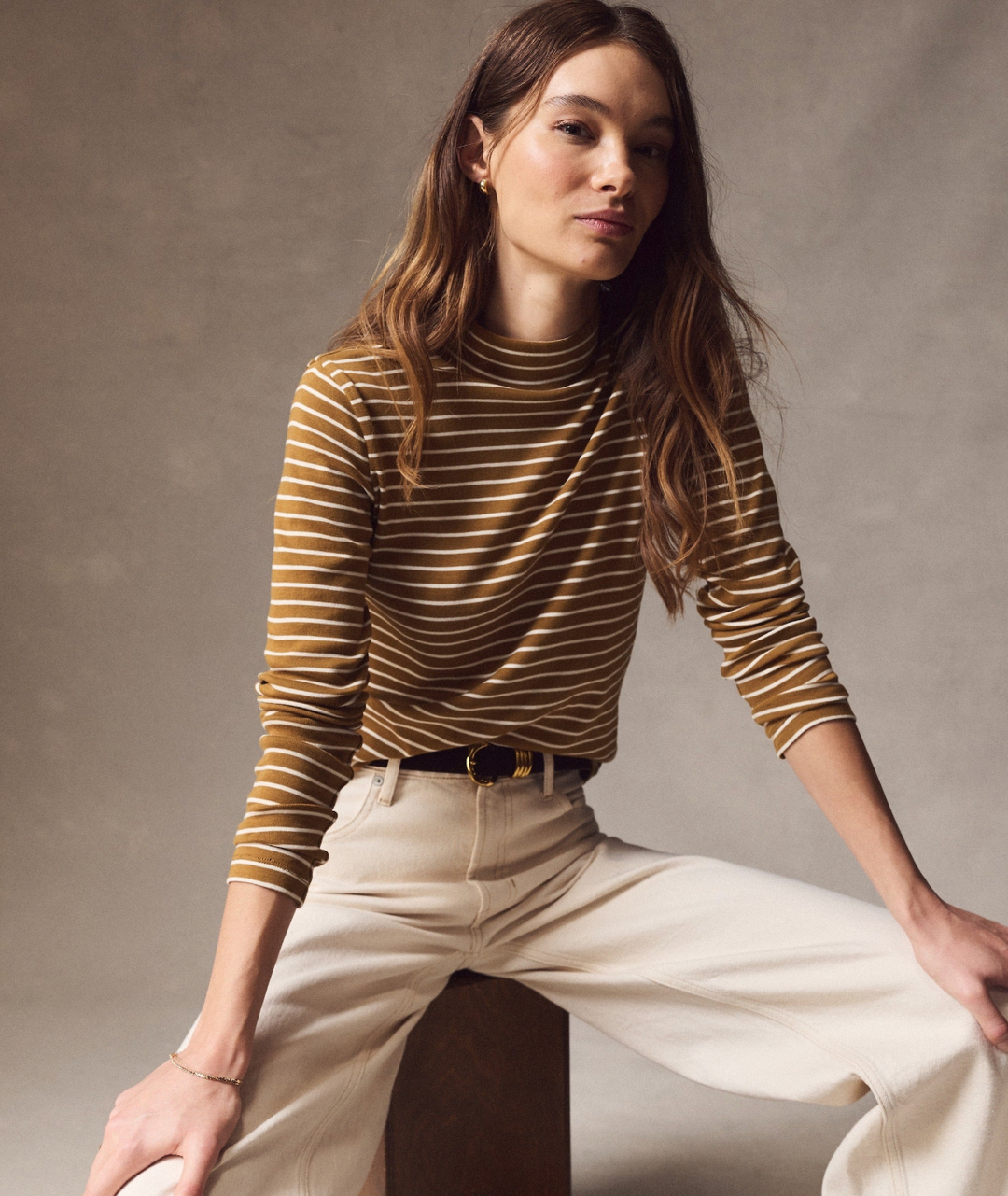 Mini Rib Mock Neck Tee in Golden Stripe