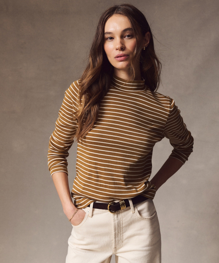 Mini Rib Mock Neck Tee in Golden Stripe