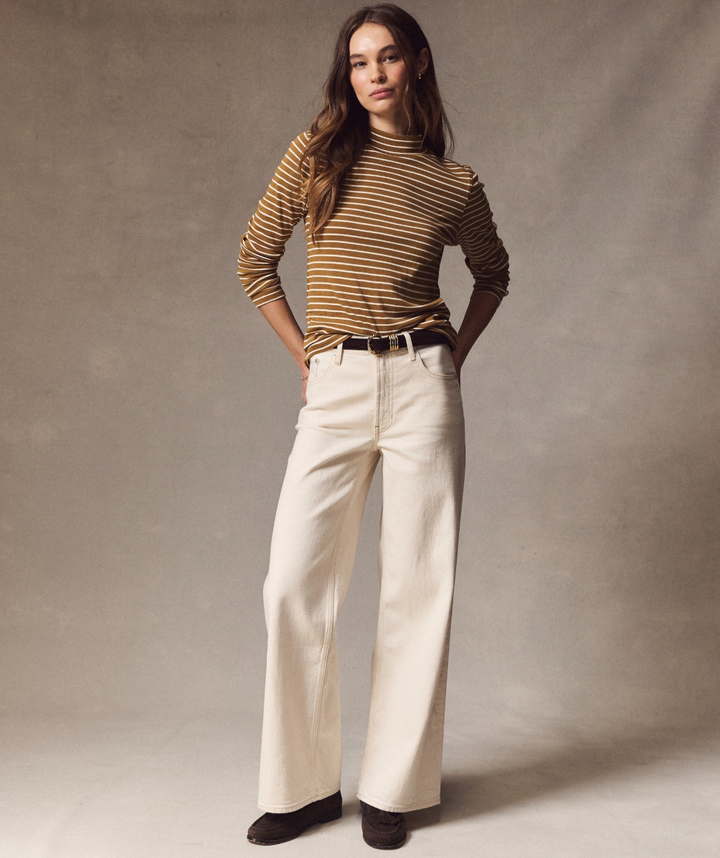 Mini Rib Mock Neck Tee in Golden Stripe