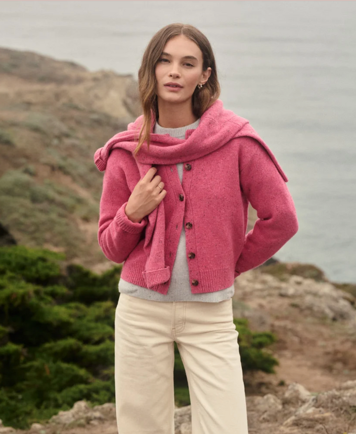 Merino Crewneck Cardigan in Hot Pink