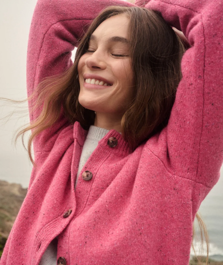 Merino Crewneck Cardigan in Hot Pink
