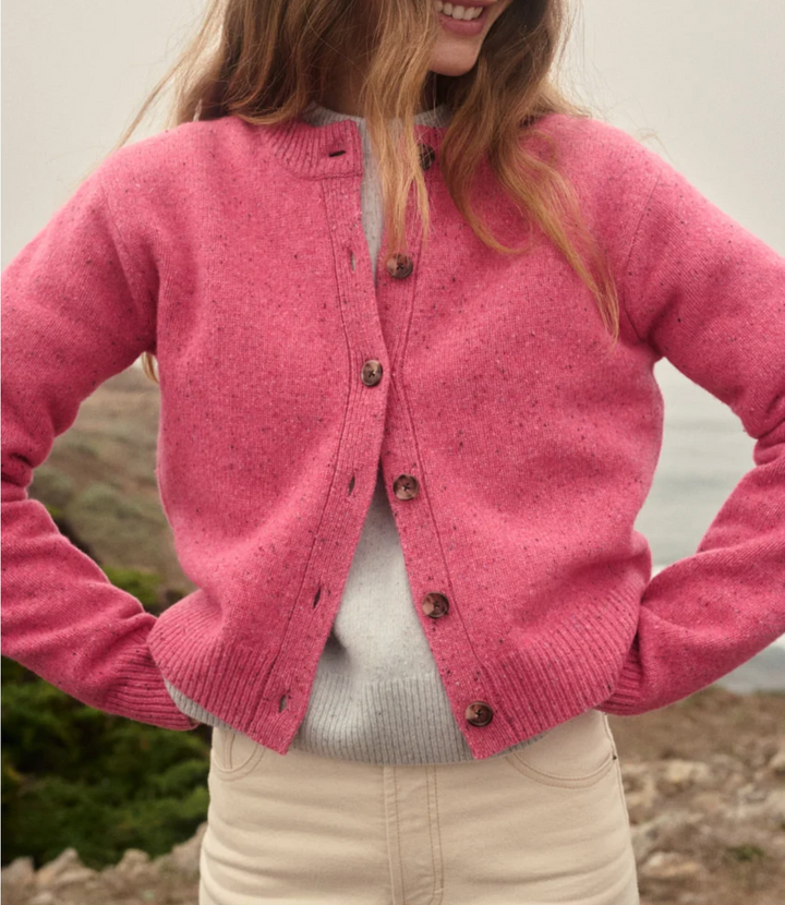 Merino Crewneck Cardigan in Hot Pink
