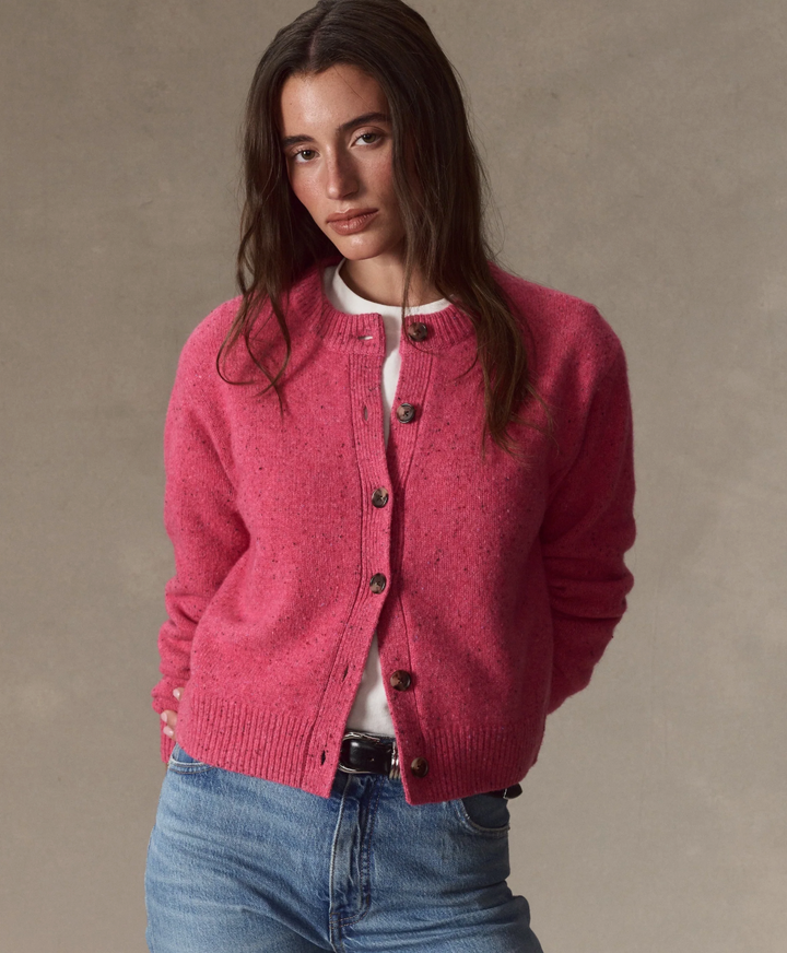 Merino Crewneck Cardigan in Hot Pink