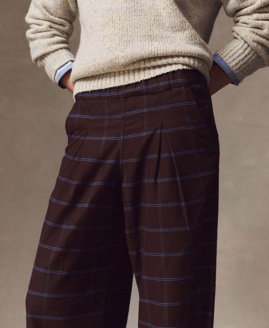 Allison Pleated Moleskin Trouser in Java Blue Plaid
