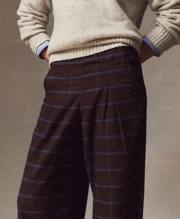 Allison Pleated Moleskin Trouser in Java Blue Plaid