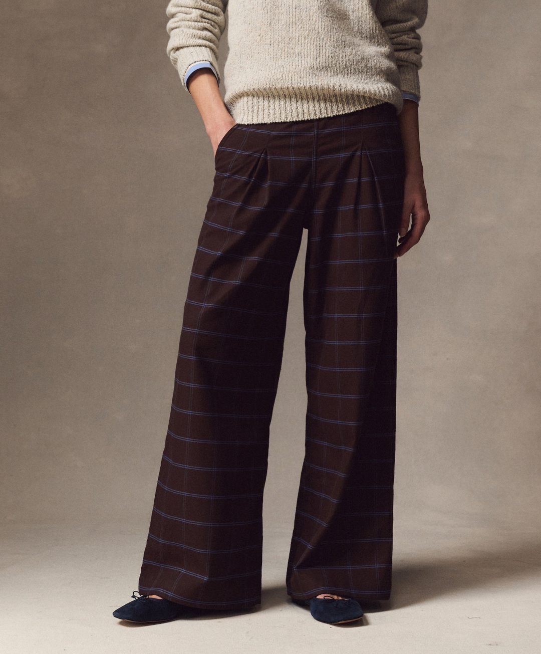 Allison Pleated Moleskin Trouser in Java Blue Plaid