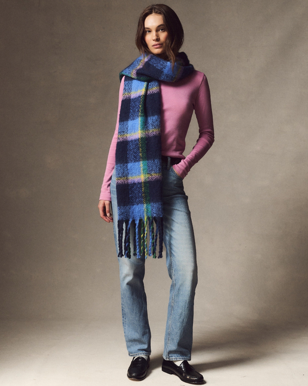 Brushed Scarf in Navy Plaid