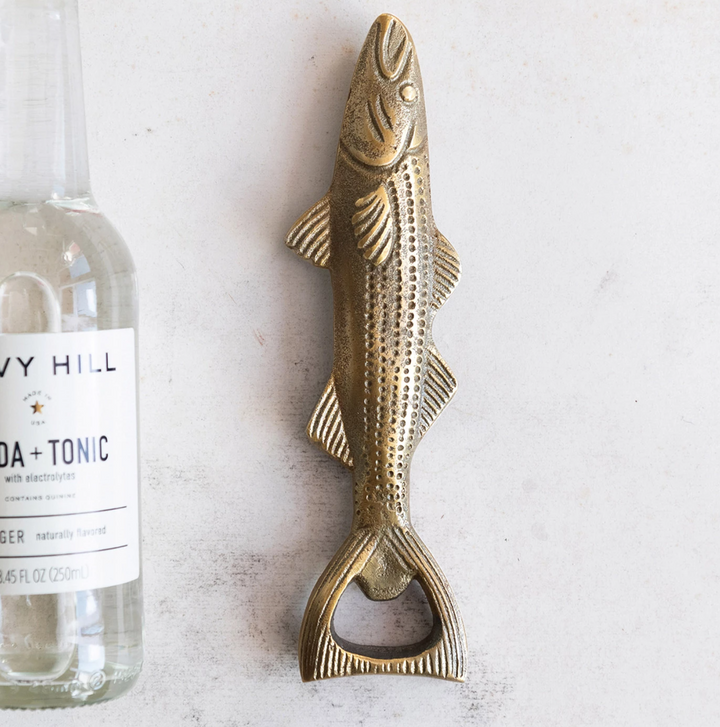 Cast Aluminum Fish Shaped Bottle Opener, Antique Gold Finish