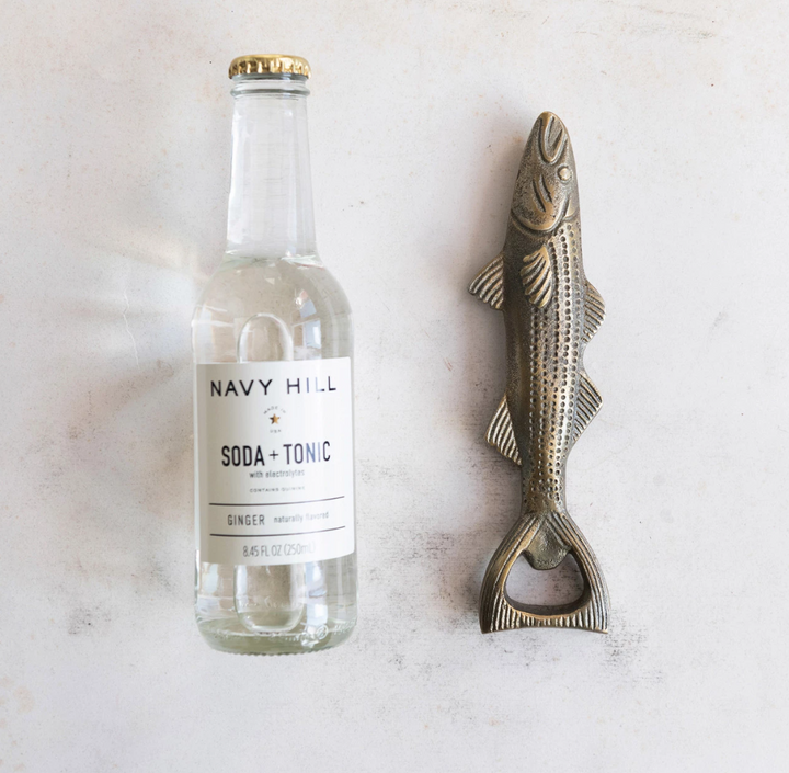 Cast Aluminum Fish Shaped Bottle Opener, Antique Gold Finish