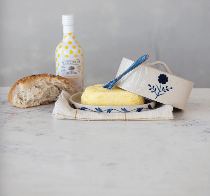 Hand-Painted Stoneware Butter Dish with Flower