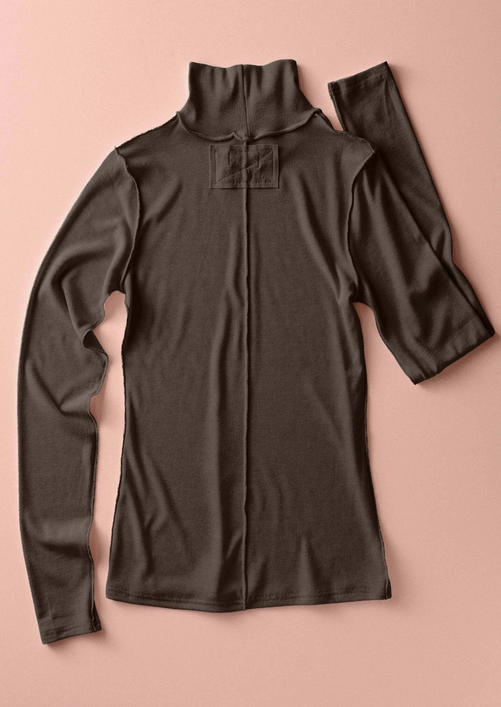 Contrast Seam Turtleneck Knit Top in Brown