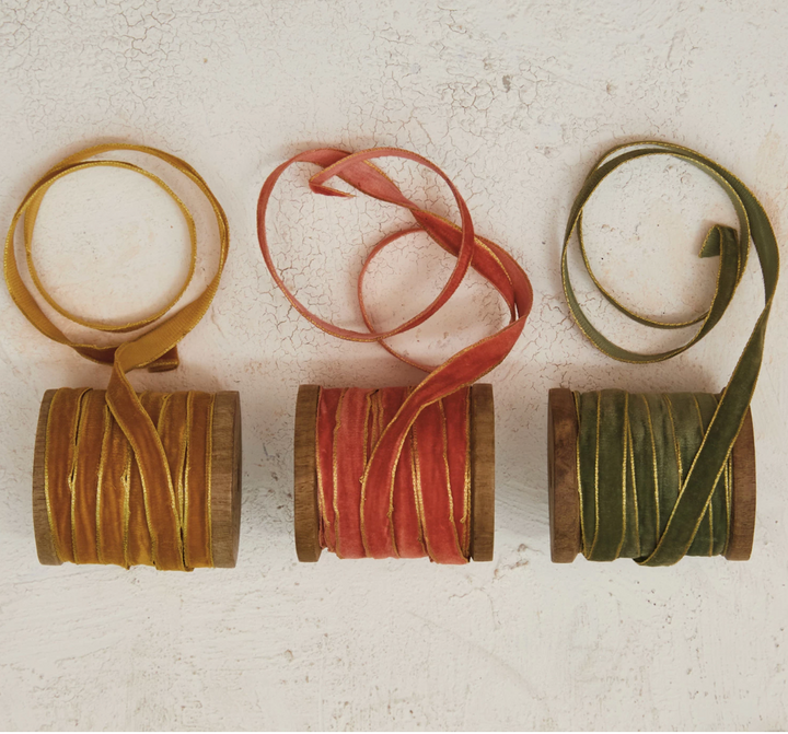 10 Yard Velvet Ribbon w/ Metallic Edges on Wood Spool, 3 Colors