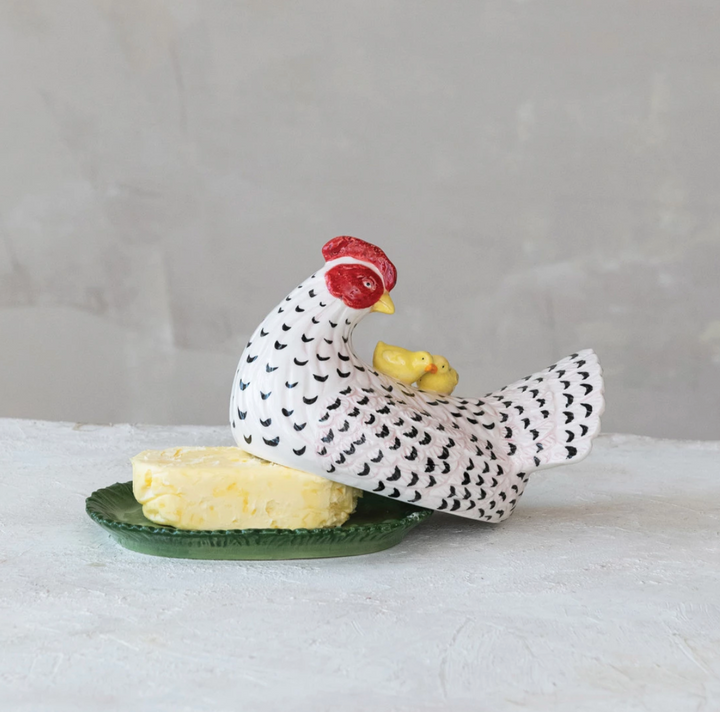 Hand-Painted Vintage Reproduction Hen Shaped Butter Dish with Chicks