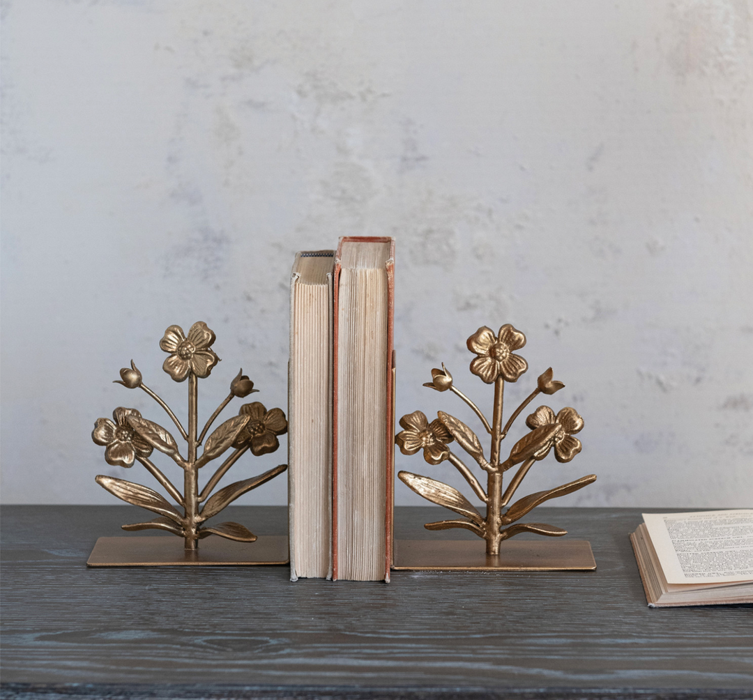 Individual Cast Iron Flower Shaped Bookend, Gold Finish