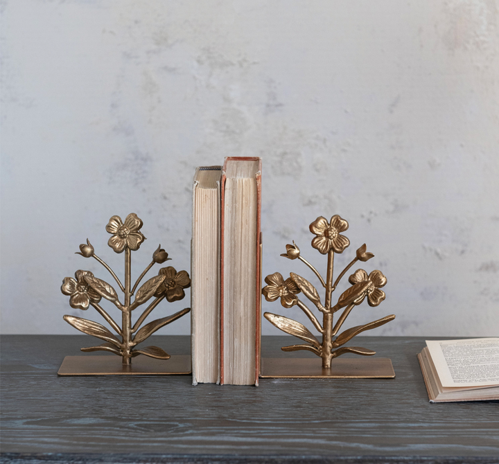 Individual Cast Iron Flower Shaped Bookend, Gold Finish