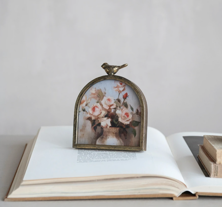Arched Photo Frame with Bird Finial, Antique Gold Finish