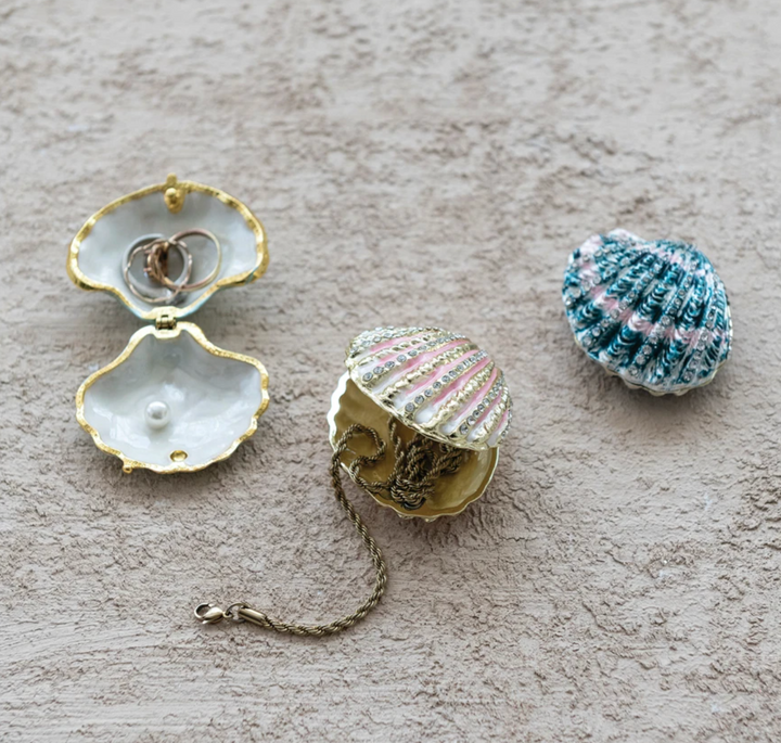 Enameled Metal Shell Shaped Trinket Box with Jewels, 3 Colors
