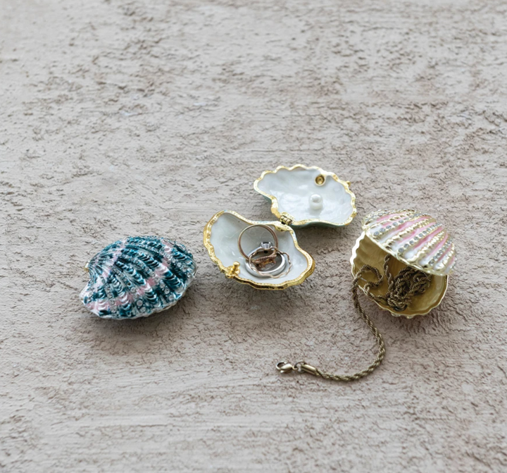 Enameled Metal Shell Shaped Trinket Box with Jewels, 3 Colors