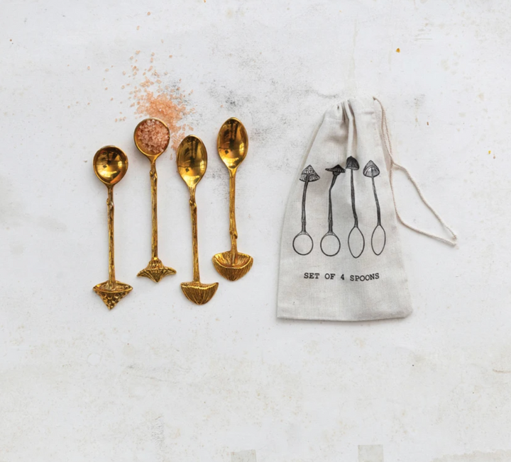 Brass Spoons with Mushroom Handles, Set of 4