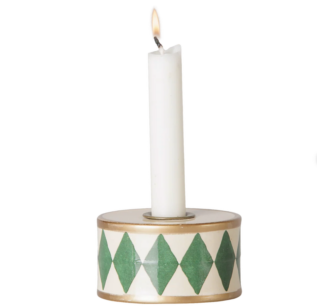 Drum Candle Holder in Green/Off White